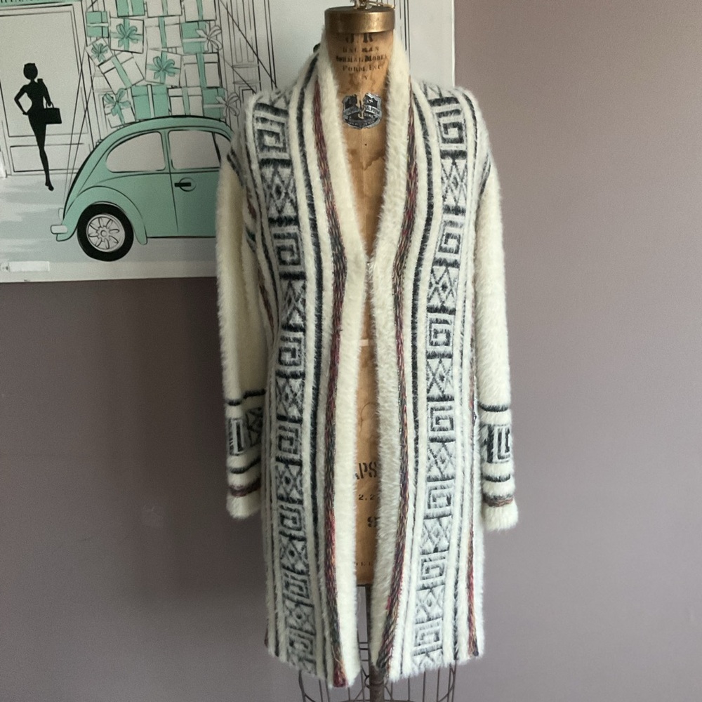 Janice Apparel Vintage Aztec Boho Pattern Long Duster Cardigan, Medium
